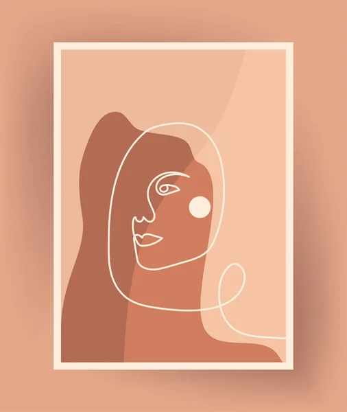 Bir kadın portresi sanat tarzında. Kahverengi ve kum renkli soyut arka plan. İzole elementlerle vektör illüstrasyonu. Moda poster tasarımı