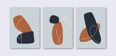 Soyut modern arkaplan seti. Elle boyanmış şekiller ve çizgiler. Boho soyut sanat baskısı, basılabilir sanat. Ev dekorasyonu için asgari posterler. Vektör illüstrasyon tasarımı