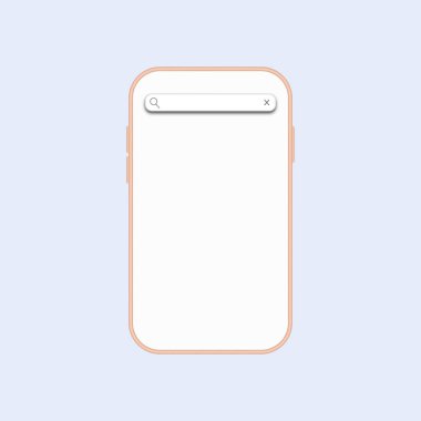 Mavi arkaplanda arama çubuğuyla akıllı telefonun maketi. İzole telefonun vektör çizimi, ön görüş. İnternette telefonla arama kavramı. Telefon ekranında en az boş arama çubuğu.