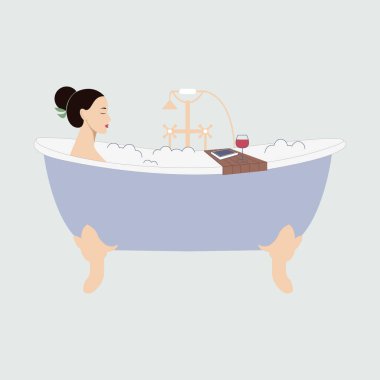 Küvette kitap ve bir bardak şarapla genç bir kadın. Evde günlük rutin işler. Kadınsı hayat, kişisel bakım ve ev eğlencesi. Düz çizim. Banyo içi..