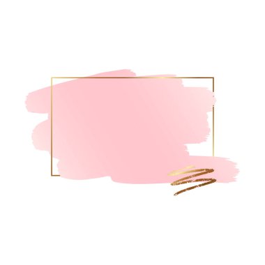 Logo veya alıntı için pembe arkaplan şablonu. Altın çerçeveli boş fırça darbesi. Vektör illüstrasyonu