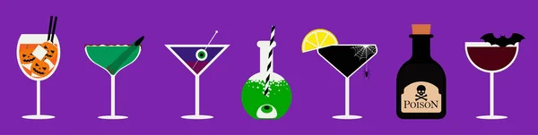 Conjunto Cocktails Halloween Uma Ilustração Bebidas Sazonais Diferentes Tipos Copos — Vetor de Stock