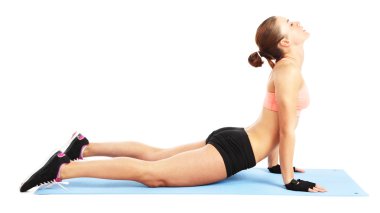 Isınmak için germe - beyaz arka plan üzerinde izole uygun kadın