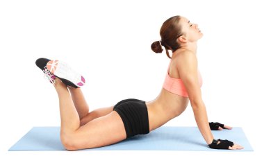 Isınmak için germe - beyaz arka plan üzerinde izole uygun kadın