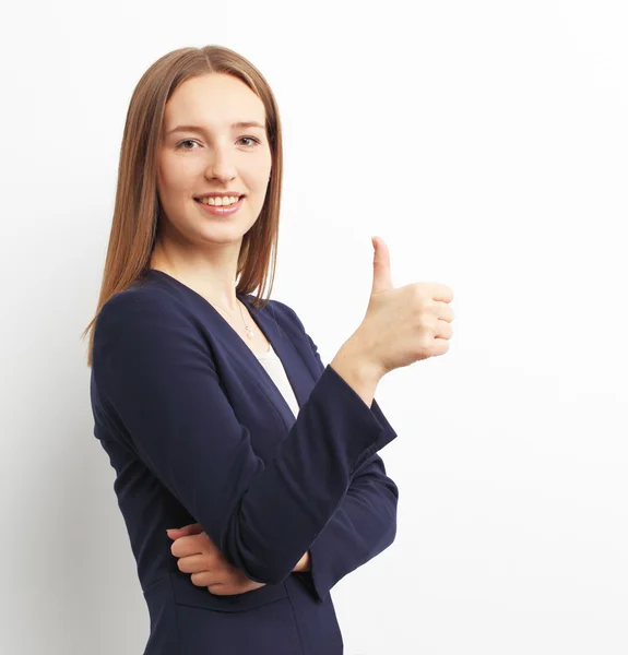Wizerunek szczęśliwy uśmiechający się biznes kobieta wyświetlone ok ręka znak nad — Zdjęcie stockowe