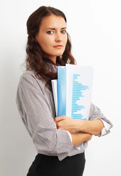 Retrato de mulher de negócios com papéis, isolado em backgr branco — Fotografia de Stock