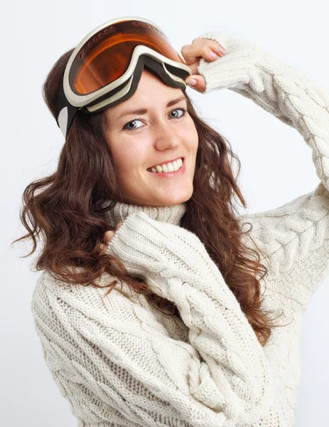 Portrait of young woman go in for winter sports over white backg — Stock Photo, Image