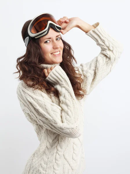 Portrait of young woman go in for winter sports over white backg — Stock Photo, Image