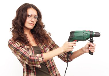 Kadın beyaz arka plan üzerinde matkap ile görüntü