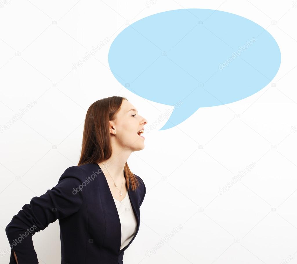 Image of  business woman screaming in blank speech bubble on whi