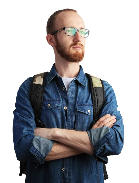 Immagine di uomo con barba rossa in occhiali posa isolata su bianco Foto Stock
