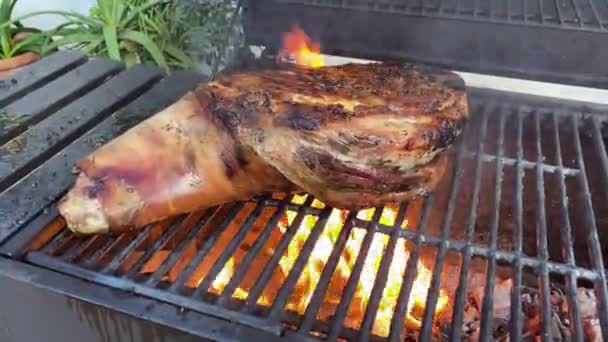 Szef Kuchni Gotuje Wielką Nogę Szynki Ogniem Płomieni Grillowanym Grillu — Wideo stockowe