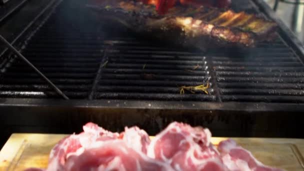 Zeitlupe Koch Legte Köstliche Sauce Und Gewürze Auf Rippen Schweinefleisch — Stockvideo