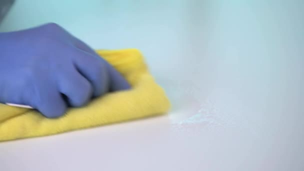 Nurse Sprays Cleans White Table Prevent Spread Coronavirus Using Gloves — Stock Video