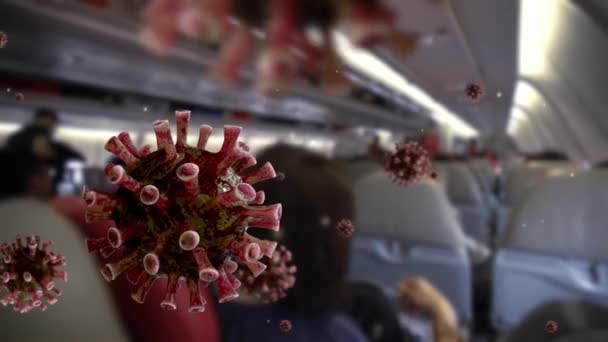 Coronavirus Flotando Aire Avión Interior Pasajeros Masculinos Femeninos Con Máscara — Vídeos de Stock