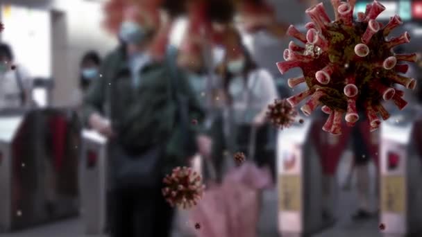 当人们戴着外科口罩在地铁里行走时 科罗纳威斯漂浮在空气中 因为肺炎已蔓延到许多城市 病毒感染概念 数码渲染动画3D Dan — 图库视频影像