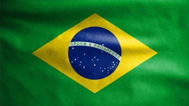Brezilya bayrağı rüzgarda dalgalanıyor. Brezilya afişini yakın çekin, yumuşak ve pürüzsüz ipek. Kumaş kumaş dokusu, Asteğmen. Ulusal gün ve ülke etkinlikleri konsepti için kullan..