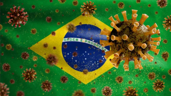 在巴西国旗上漂浮的流感病毒是一种侵袭呼吸道的病原体 巴西横幅招摇过市的Covid19病毒感染概念 紧贴织物纹理标志 — 图库照片