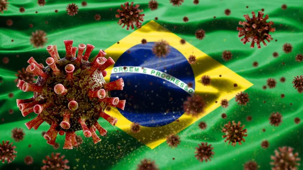 Bandera Brasileña Ondeando Con Brote Coronavirus Infectando Sistema Respiratorio Como — Foto de Stock