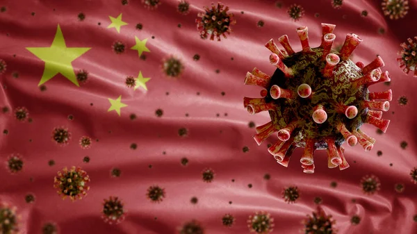 Çin Bayrağında Dalgalanan Grip Koronavirüsü Solunum Yoluna Saldıran Bir Patojen — Stok fotoğraf