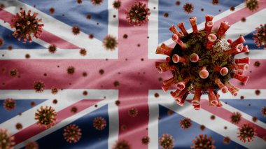 Birleşik Krallık bayrağı üzerinde salınan grip koronavirüsü solunum yoluna saldıran bir patojen. Britanya pankartı Covid19 virüs enfeksiyonu konseptiyle sallanıyor. Yakın çekim kumaş dokusu Asteğmen