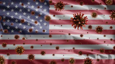 Coronavirus salgınıyla dalgalanan Amerikan bayrağı solunum sistemini tehlikeli grip olarak etkiliyor. Covid 19 tipi grip virüsü. Arka planda ulusal Amerikan bayrağı var. Pandemik risk kavramı