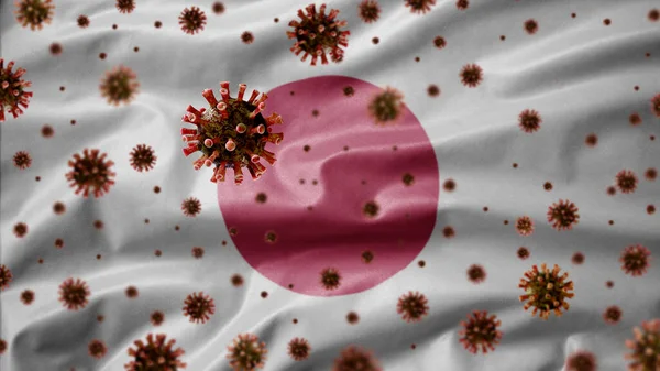 Ιαπωνική Σημαία Κυματίζει Και Coronavirus 2019 Ncov Έννοια Ασιατικό Ξέσπασμα — Φωτογραφία Αρχείου