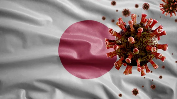 Japanese flag waving with the Coronavirus outbreak infecting respiratory system as dangerous flu. Influenza type Covid 19 virus with national Japan banner blowing at background. Pandemic risk concept