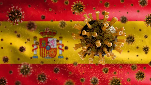 コロナウイルスの流行に伴うスペインの旗は 危険なインフルエンザとして呼吸器系に感染します インフルエンザの種類背景にはスペインの国旗が吹いているCovid 19ウイルス 流行リスクの概念 — ストック写真
