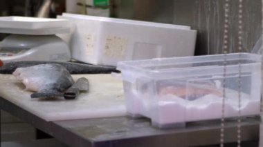 Yavaş çekimde insan, Tsukiji balık pazarında somon temizler ve onu hazırlar. Şef somon filetosu kesiyor ve restoranın mutfağında yemek hazırlıyor. Tokyo-Dan Japon deniz ürünleri pazarı