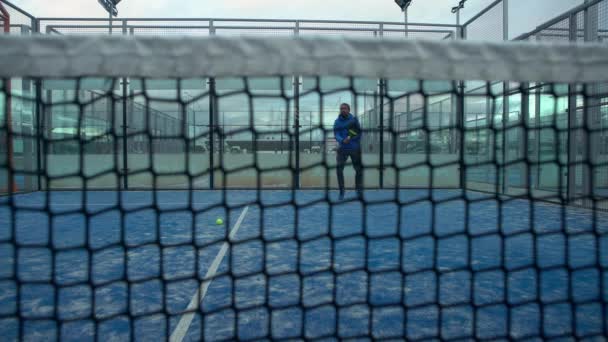 Grid Portrait Paddle Tennis Man Playing Blue Court Outdoors One — Stock Video