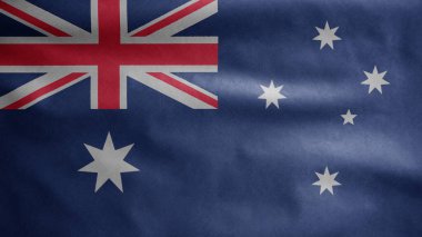 Avustralya bayrağı rüzgarda dalgalanıyor. Avustralya afişini yakın çekin, yumuşak ve pürüzsüz ipek. Kumaş kumaş dokusu, Asteğmen. Ulusal gün ve ülke etkinlikleri konsepti için kullan..