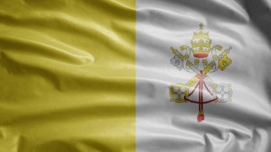 Kutsal Bakış bayrağı rüzgarda dalgalanıyor. Vatikan şehrinin afişini kapat, yumuşak ve pürüzsüz ipek. Kumaş kumaş dokusu, Asteğmen. Ulusal gün ve ülke etkinlikleri konsepti için kullan..