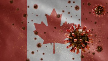 Kanada bayrağı sallanıyor Coronavirus salgını solunum sistemini tehlikeli grip olarak etkiliyor. Arkaplanda ulusal Kanada pankartı olan Covid 19 tipi grip virüsü. Pandemik risk kavramı