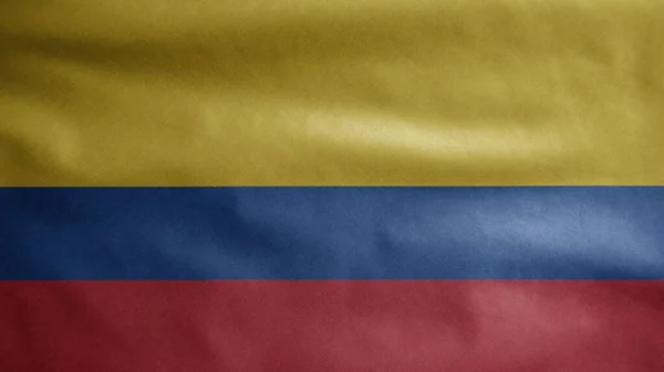コロンビアの国旗が風になびく コロンビアのバナーを吹いて 柔らかくて滑らかなシルクを閉じます 布生地の質感が背景を刻印 ナショナルデーや国の機会の概念のためにそれを使用する — ストック写真
