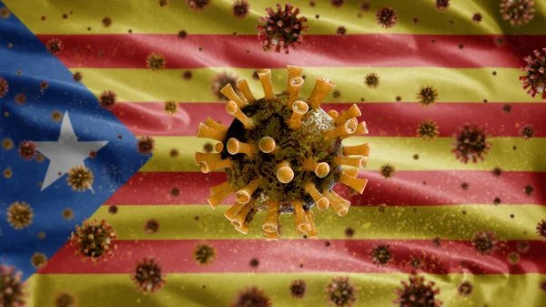 流感病毒在加泰罗尼亚上空飘扬 是攻击呼吸道的病原体 加泰罗尼亚州的Estelada横幅挥动着大流行病Covid19病毒感染的概念 织物质感标志 — 图库照片