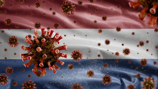 Griep Coronavirus Zweeft Boven Nederlandse Vlag Een Ziekteverwekker Die Luchtwegen — Stockfoto