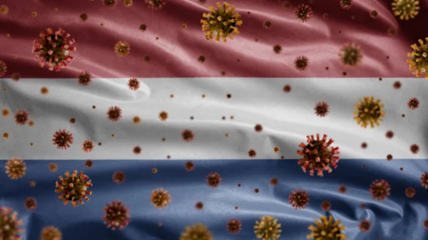 Голландський Прапор Махаючи Коронавірусом Заражає Дихальну Систему Небезпечним Грипом Вірус — стокове фото