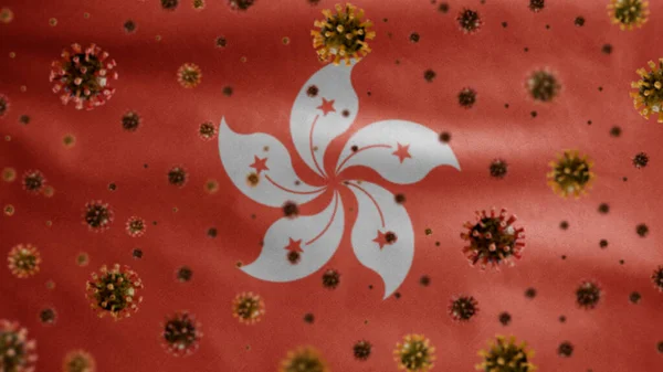 Bendera Hong Kong Melambai Dengan Virus Coronavirus Yang Menginfeksi Sistem — Stok Foto
