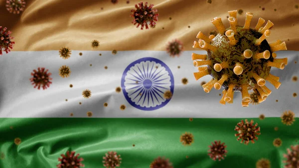 Bandera India Tiranga Ondeando Con Brote Coronavirus Infectando Sistema Respiratorio — Foto de Stock