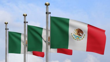 Meksika bayrağı rüzgarda dalgalanıyor. Meksika bayrağı dalgalanan mavi gökyüzü bulutları, yumuşak ve pürüzsüz ipek. Kumaş kumaş dokusu, Asteğmen. Ulusal gün ve ülke etkinlikleri konsepti için kullan..