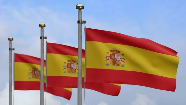 西班牙国旗在风中飘扬 蓝天飘扬 拉近西班牙国旗的飘扬 柔滑柔滑的丝绸 布料质地为背景图案 将其用于国庆日和国庆日概念 — 图库照片