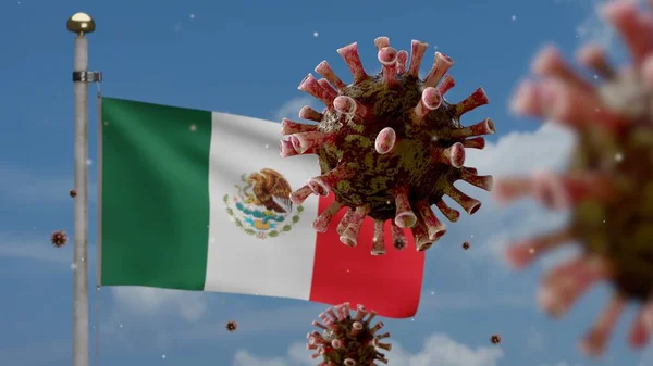Flu Coronavirus Плаває Над Мексиканським Прапором Патогеном Який Вражає Дихальні — стокове фото
