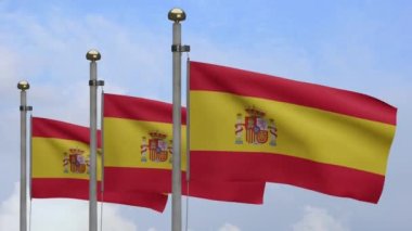 Mavi gökyüzü ve bulutlarla rüzgarda dalgalanan İspanyol bayrağı. İspanya afişi, yumuşak ve pürüzsüz ipek. Kumaş kumaş dokusu, Asteğmen. Bunu ulusal gün ve ülke etkinlikleri için kullan.