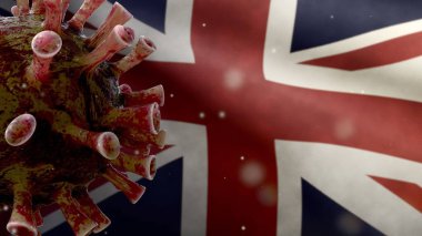 Birleşik Krallık bayrağı sallanıyor Coronavirus salgını solunum sistemini tehlikeli grip olarak etkiliyor. Influenza tipi Covid 19 virüsü. Ulusal Britanya pankartı arka planda. Salgın konsepti