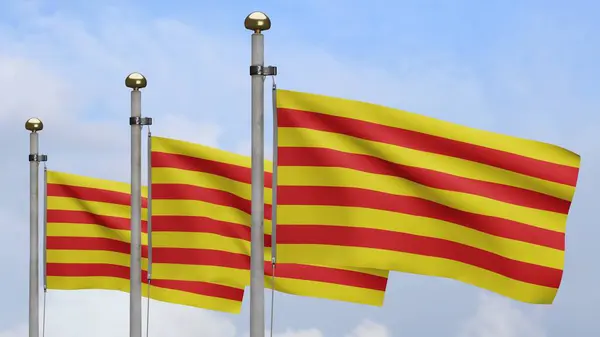 Katalonien Flagge Weht Wind Mit Blauem Himmel Großaufnahme Der Katalanischen — Stockfoto