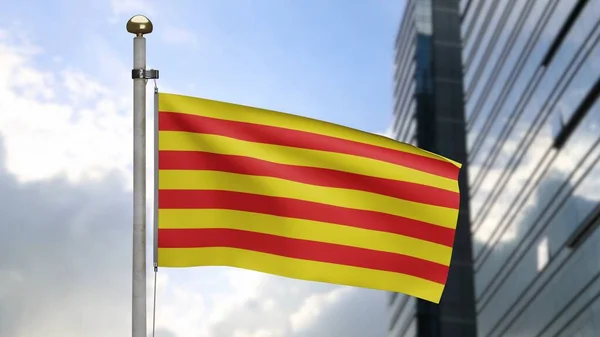 Флаг Каталонии Размахивающий Ветром Современном Городе Закрыть Каталонский Баннер Мягкий — стоковое фото