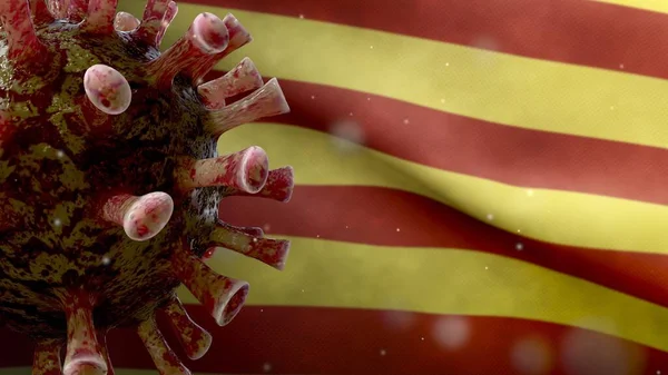 Catalonië Vlag Zwaaien Met Coronavirus Uitbraak Infecteren Ademhalingsstelsel Als Gevaarlijke — Stockfoto