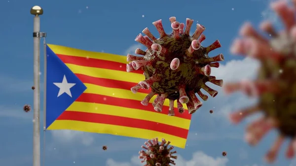 カタルーニャの独立した旗の上に浮かぶインフルエンザコロナウイルス呼吸器系の経路を攻撃する病原体 カタロニア語のEsteladaバナーは パンデミックCovid19ウイルス感染の概念を振っている 生地の質感のエンサイン — ストック写真