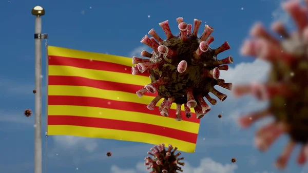 Coronavírus Gripe Flutuando Sobre Bandeira Catalunha Patógeno Que Ataca Trato — Fotografia de Stock